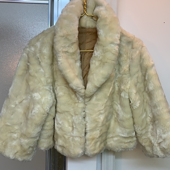 Vintage cream faux fur crop jacket shawl collar S - Picture 9 of 10